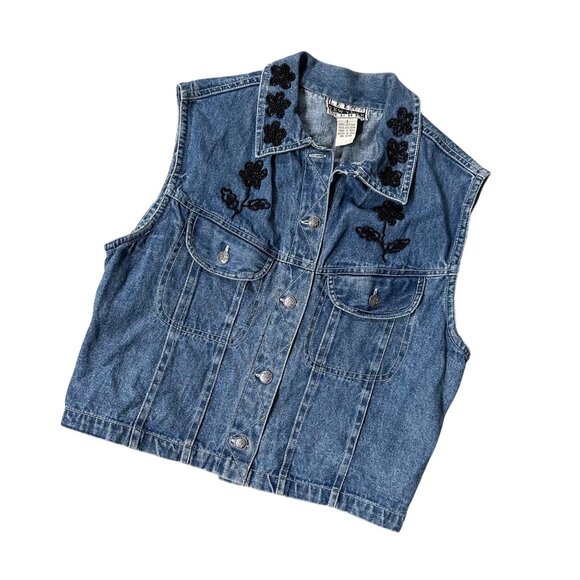 Vintage Blue Denim Vest Black Beaded Floral 90s Leena New York Small Mom Style - Picture 1 of 7